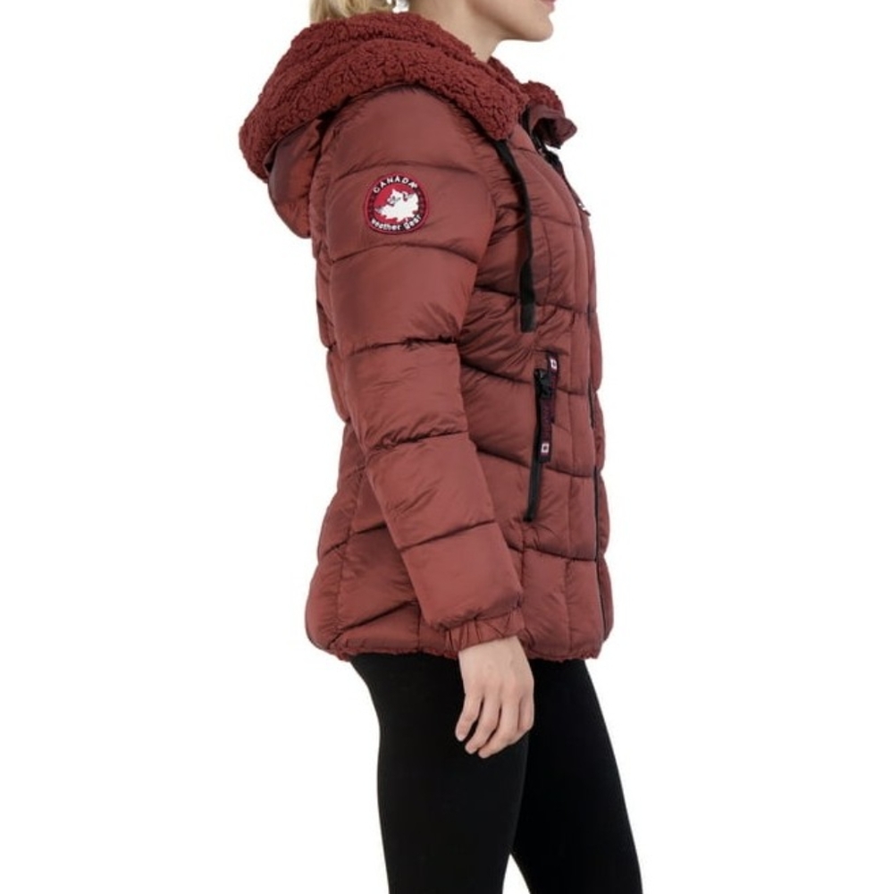 Canada vegan fur terracotta waterproof puffer hoodie jacket medium NWT - Picture 2 of 11